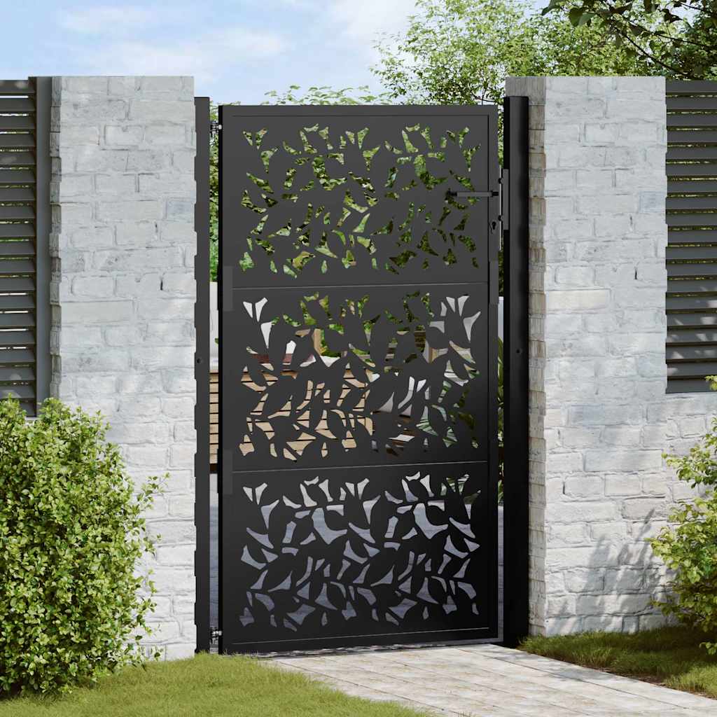 vidaXL Garden Gate Black 105x155 cm Steel Leaf Design