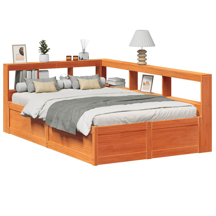 vidaXL Bookcase Bed without Mattress Wax Brown 140x190cm Solid Wood Pine