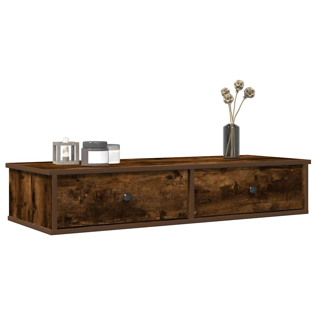 vidaXL Wall Shelf with Drawers Smoked Oak 100x37.5x19 cm Engineered Wood