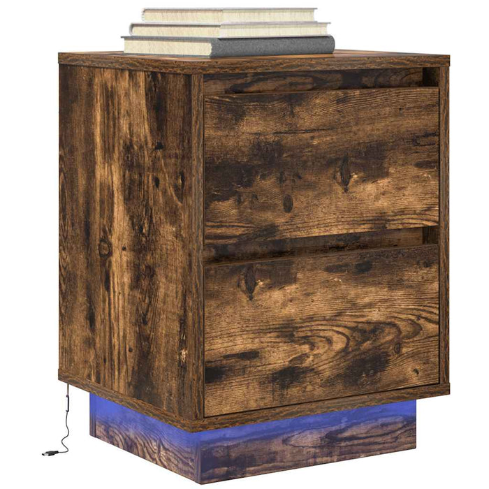 vidaXL Bedside Cabinet with LED Lights Smoked Oak 38x34x50 cm