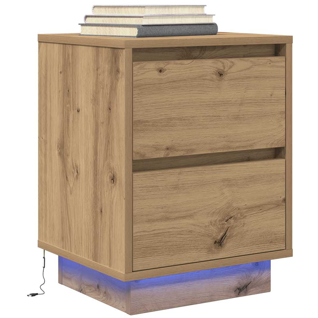 vidaXL Bedside Cabinet with LED Lights Artisan Oak 38x34x50 cm