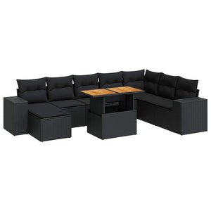 vidaXL 9 Piece Garden Sofa Set with Cushions Black Poly Rattan Acacia