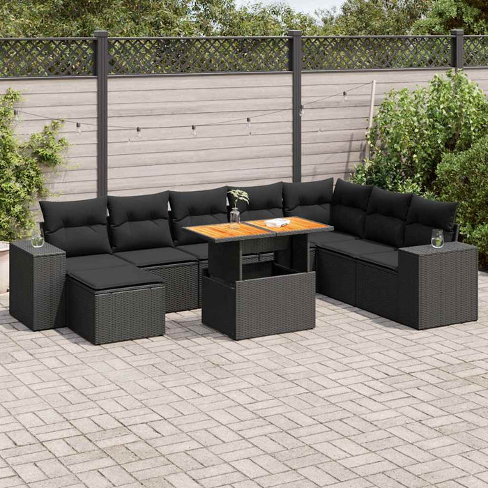 vidaXL 9 Piece Garden Sofa Set with Cushions Black Poly Rattan Acacia