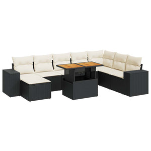 vidaXL 9 Piece Garden Sofa Set with Cushions Black Poly Rattan Acacia