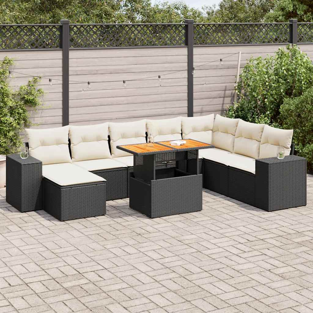 vidaXL 9 Piece Garden Sofa Set with Cushions Black Poly Rattan Acacia