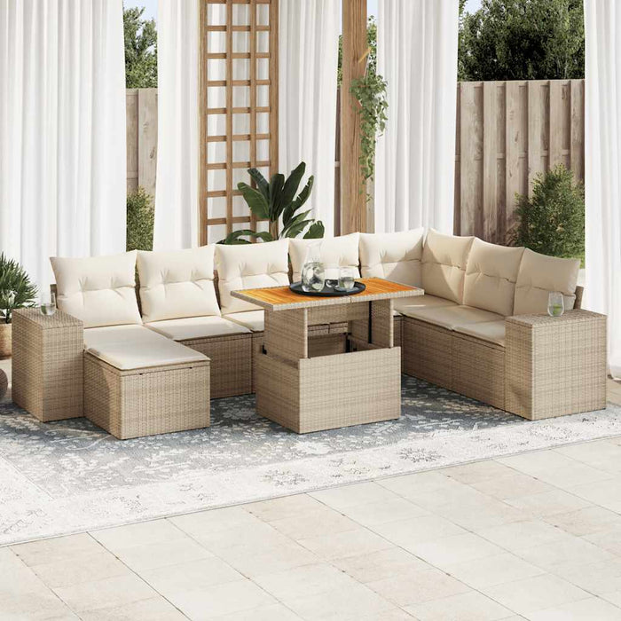 vidaXL 9 Piece Garden Sofa Set with Cushions Beige Poly Rattan Acacia