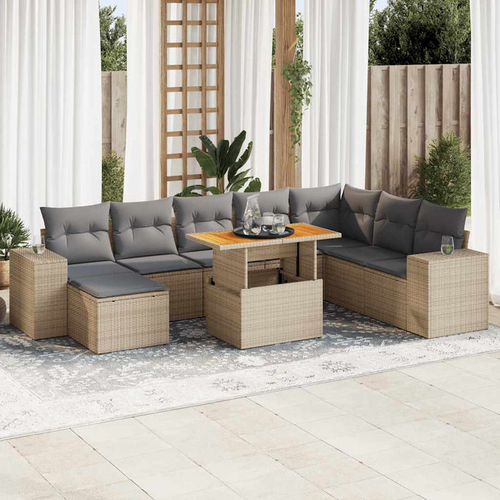 vidaXL 9 Piece Garden Sofa Set with Cushions Beige Poly Rattan Acacia