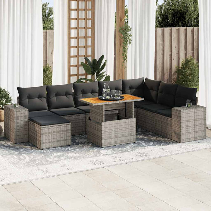 vidaXL 9 Piece Garden Sofa Set with Cushions Grey Poly Rattan Acacia