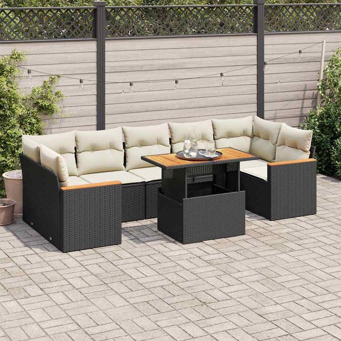 vidaXL 7 Piece Garden Sofa Set with Cushions Black Poly Rattan Acacia