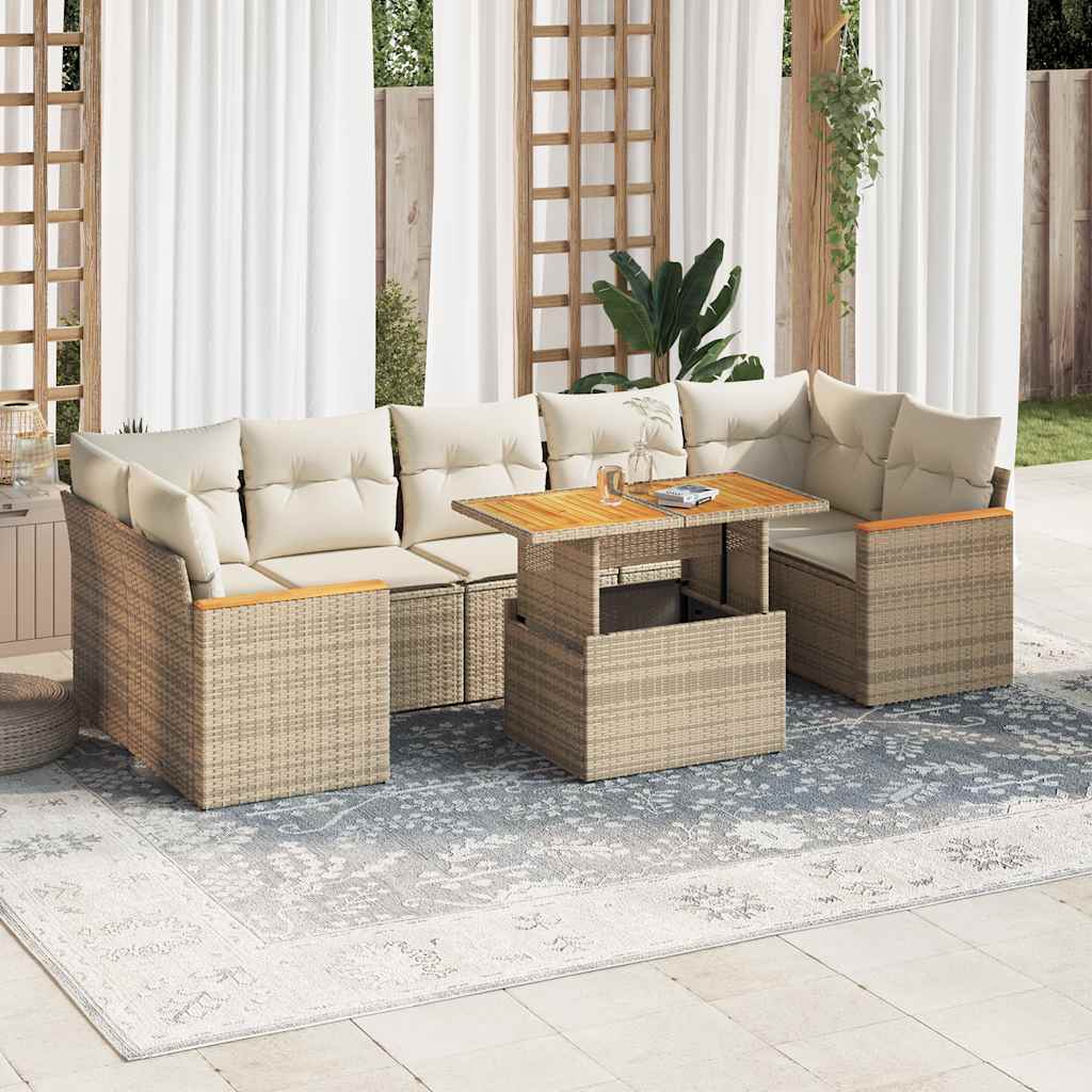 vidaXL 7 Piece Garden Sofa Set with Cushions Beige Poly Rattan Acacia