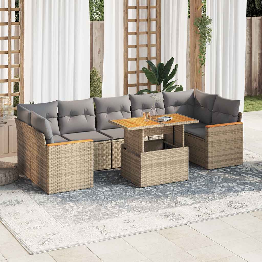 vidaXL 7 Piece Garden Sofa Set with Cushions Beige Poly Rattan Acacia