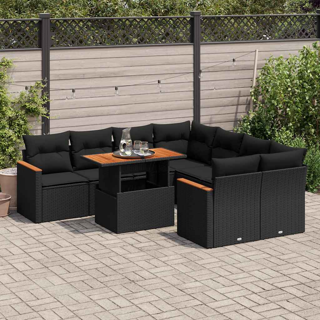 vidaXL 9 Piece Garden Sofa Set with Cushions Black Poly Rattan Acacia