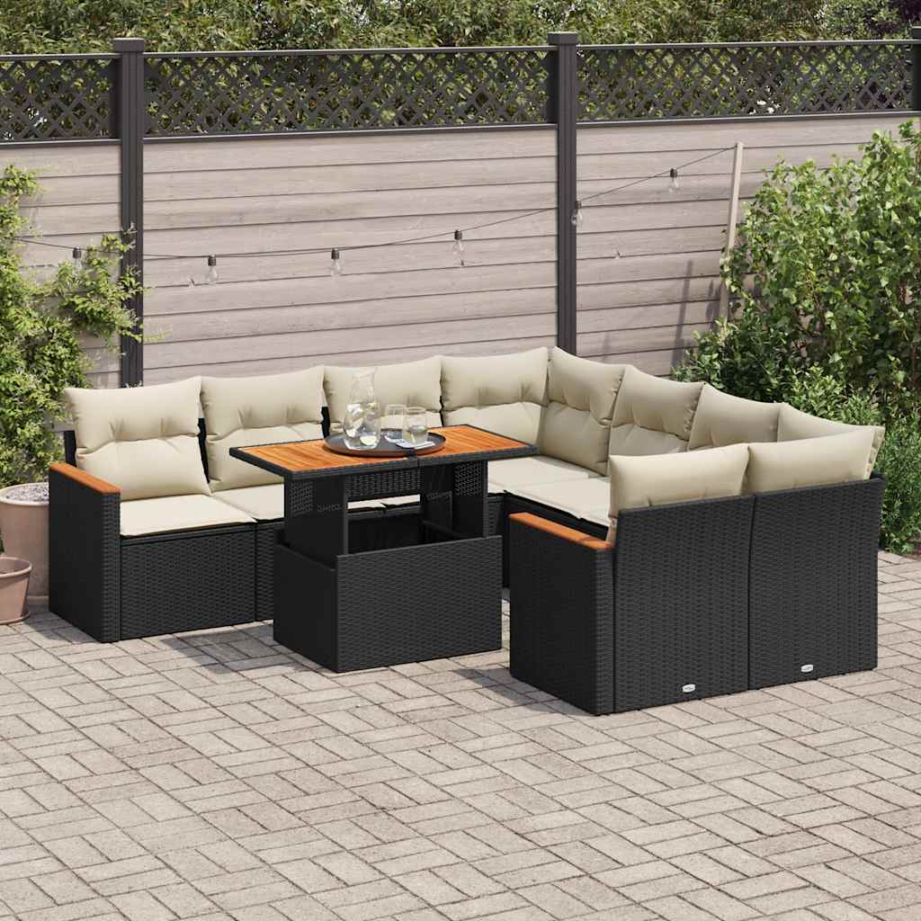 vidaXL 9 Piece Garden Sofa Set with Cushions Black Poly Rattan Acacia