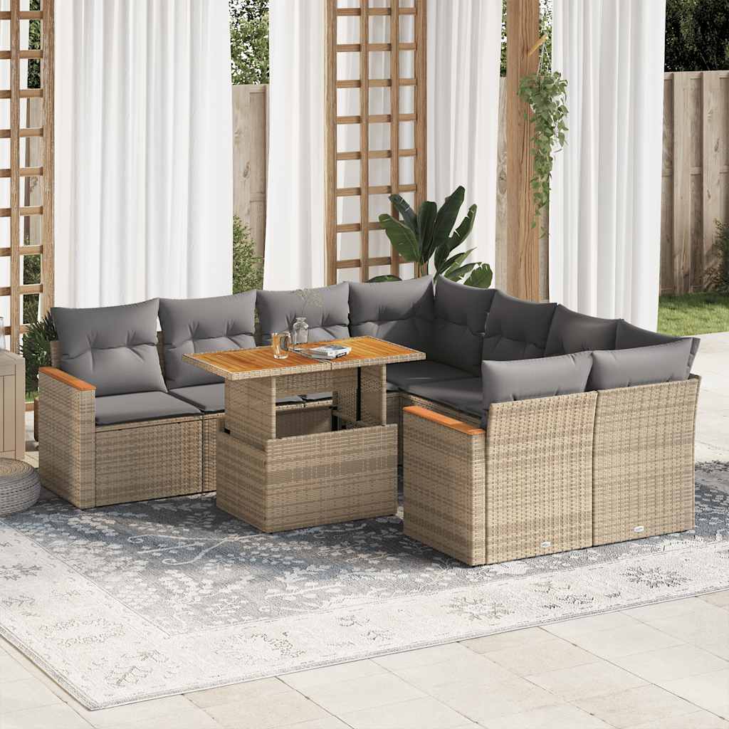 vidaXL 9 Piece Garden Sofa Set with Cushions Beige Poly Rattan Acacia