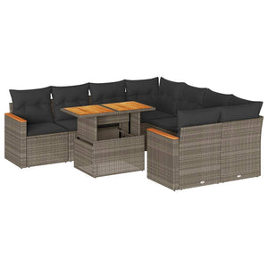 vidaXL 9 Piece Garden Sofa Set with Cushions Grey Poly Rattan Acacia