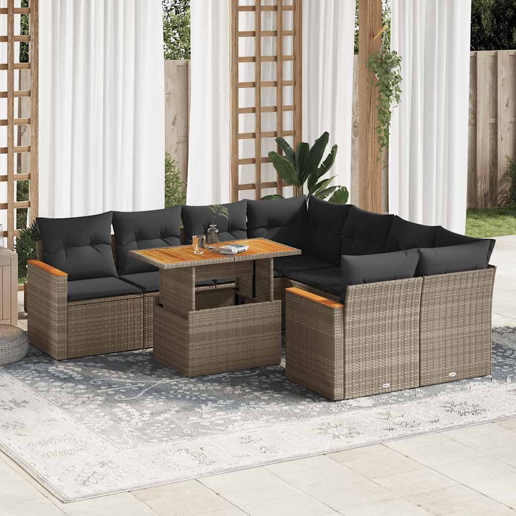 vidaXL 9 Piece Garden Sofa Set with Cushions Grey Poly Rattan Acacia