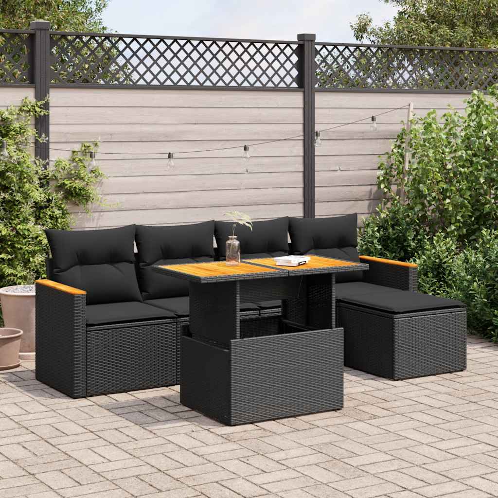 vidaXL 6 Piece Garden Sofa Set with Cushions Black Poly Rattan Acacia