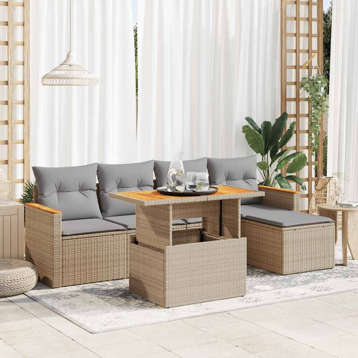 vidaXL 6 Piece Garden Sofa Set with Cushions Beige Poly Rattan Acacia