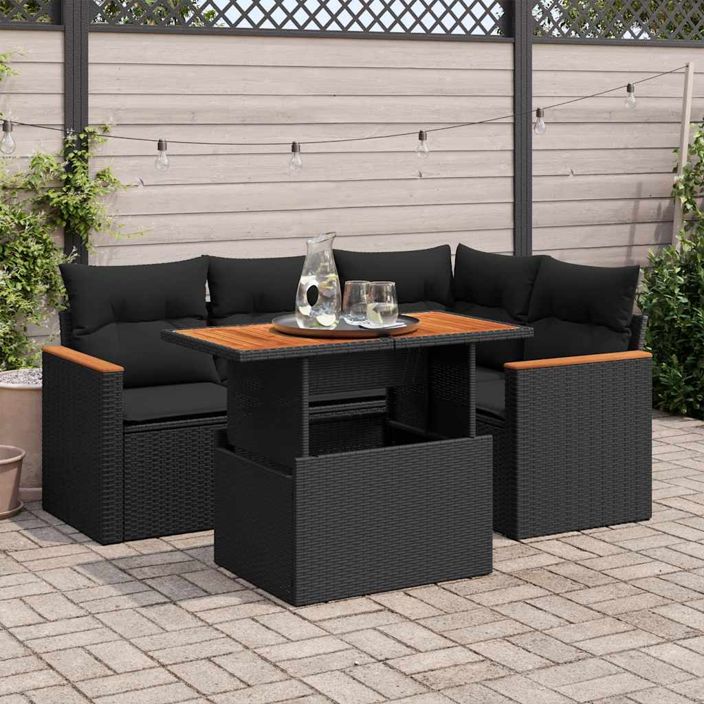 vidaXL 5 Piece Garden Sofa Set with Cushions Black Poly Rattan Acacia