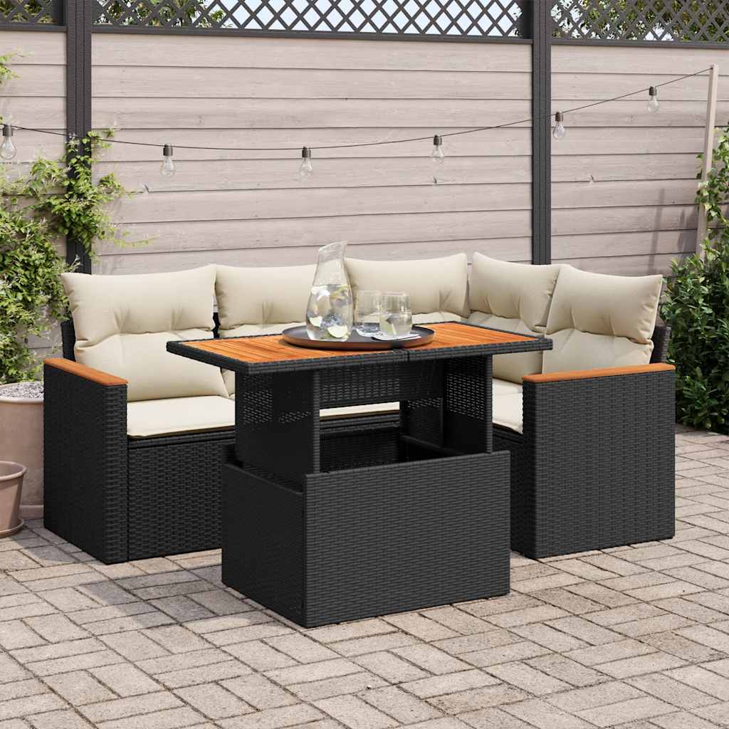 vidaXL 5 Piece Garden Sofa Set with Cushions Black Poly Rattan Acacia