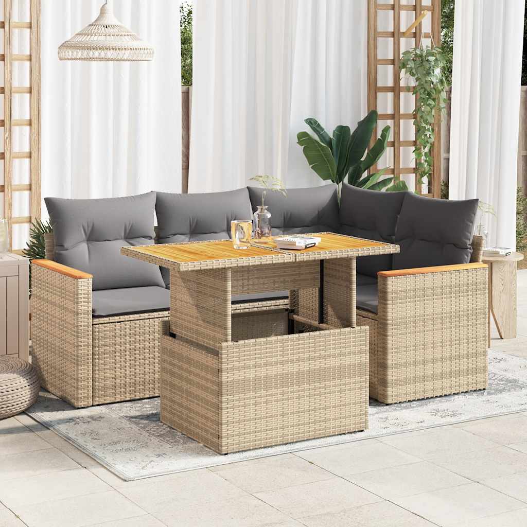 vidaXL 5 Piece Garden Sofa Set with Cushions Beige Poly Rattan Acacia