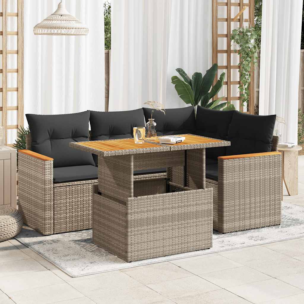 vidaXL 5 Piece Garden Sofa Set with Cushions Grey Poly Rattan Acacia