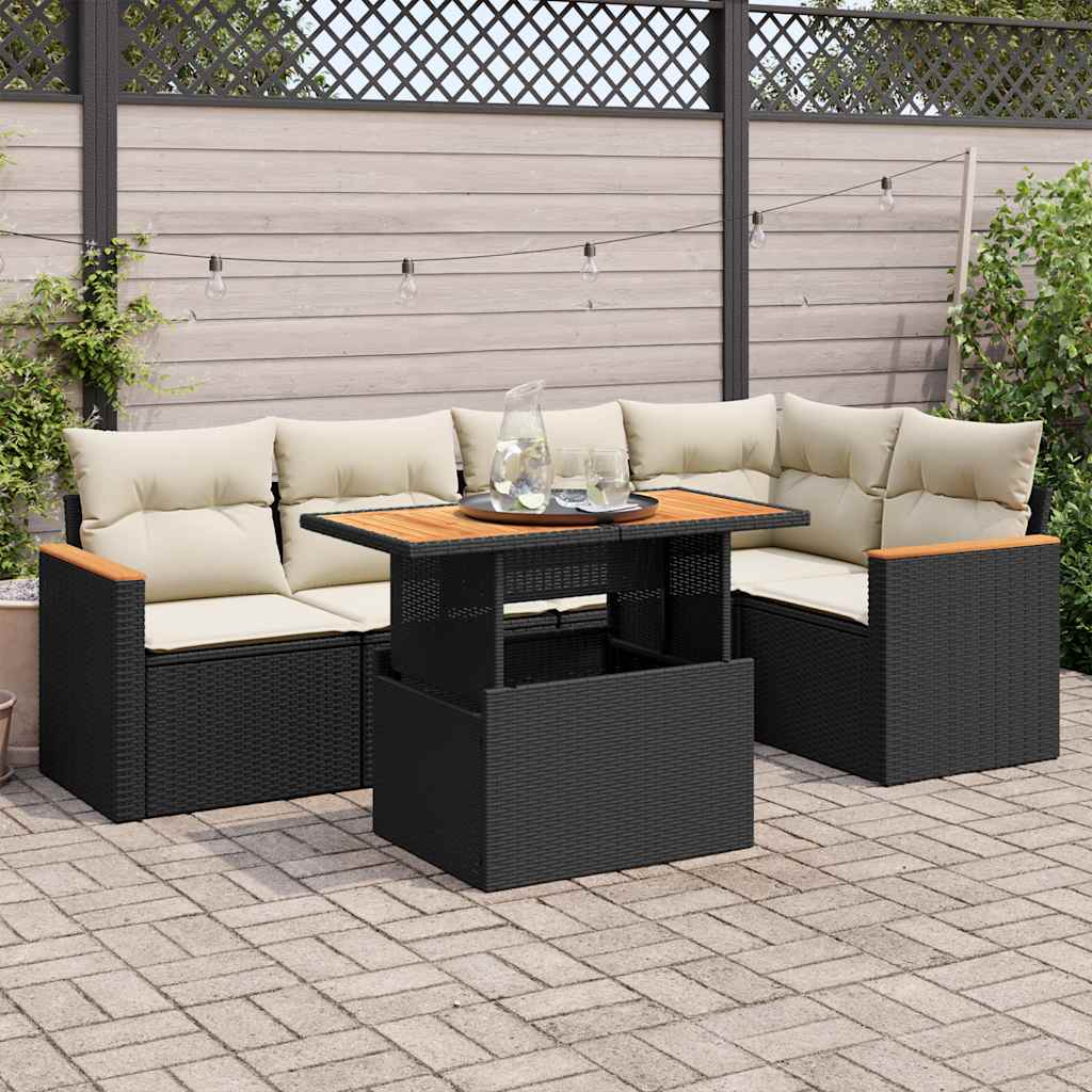 vidaXL 5 Piece Garden Sofa Set with Cushions Black Poly Rattan Acacia