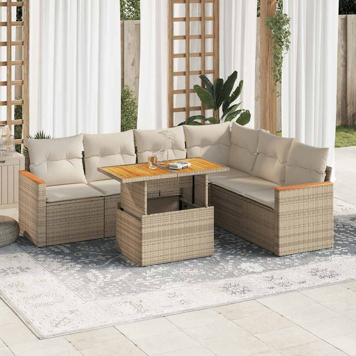 vidaXL 7 Piece Garden Sofa Set with Cushions Beige Poly Rattan Acacia