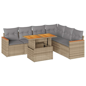 vidaXL 7 Piece Garden Sofa Set with Cushions Beige Poly Rattan Acacia