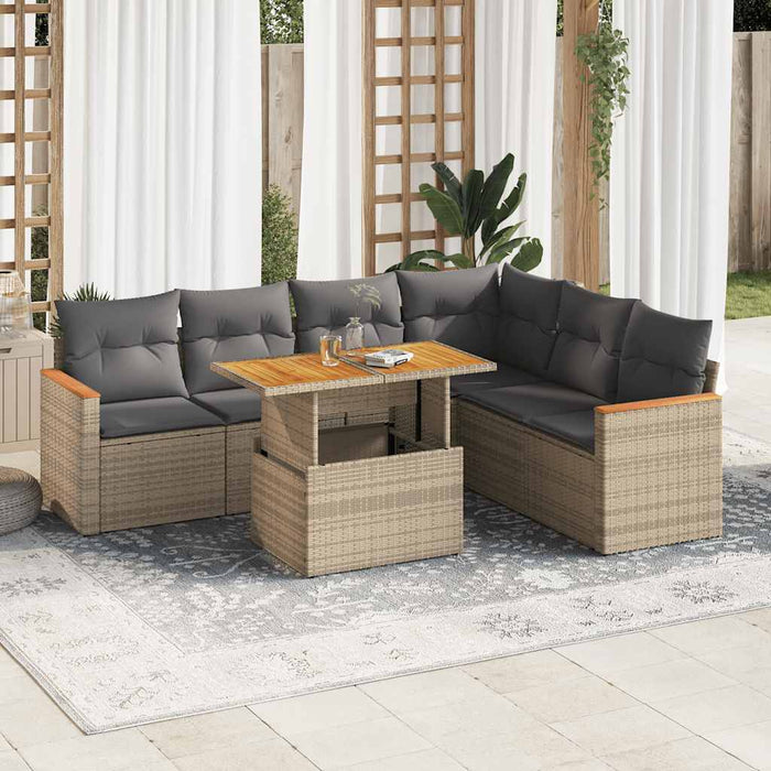 vidaXL 7 Piece Garden Sofa Set with Cushions Beige Poly Rattan Acacia