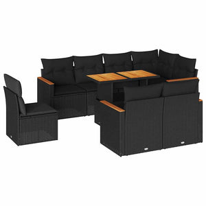 vidaXL 9 Piece Garden Sofa Set with Cushions Black Poly Rattan Acacia