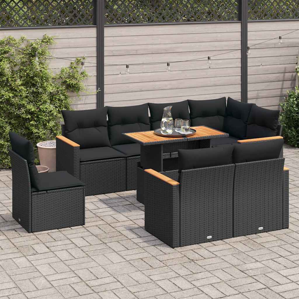 vidaXL 9 Piece Garden Sofa Set with Cushions Black Poly Rattan Acacia