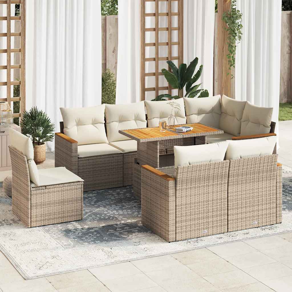 vidaXL 9 Piece Garden Sofa Set with Cushions Beige Poly Rattan Acacia