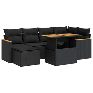 vidaXL 7 Piece Garden Sofa Set with Cushions Black Poly Rattan Acacia