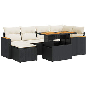 vidaXL 7 Piece Garden Sofa Set with Cushions Black Poly Rattan Acacia