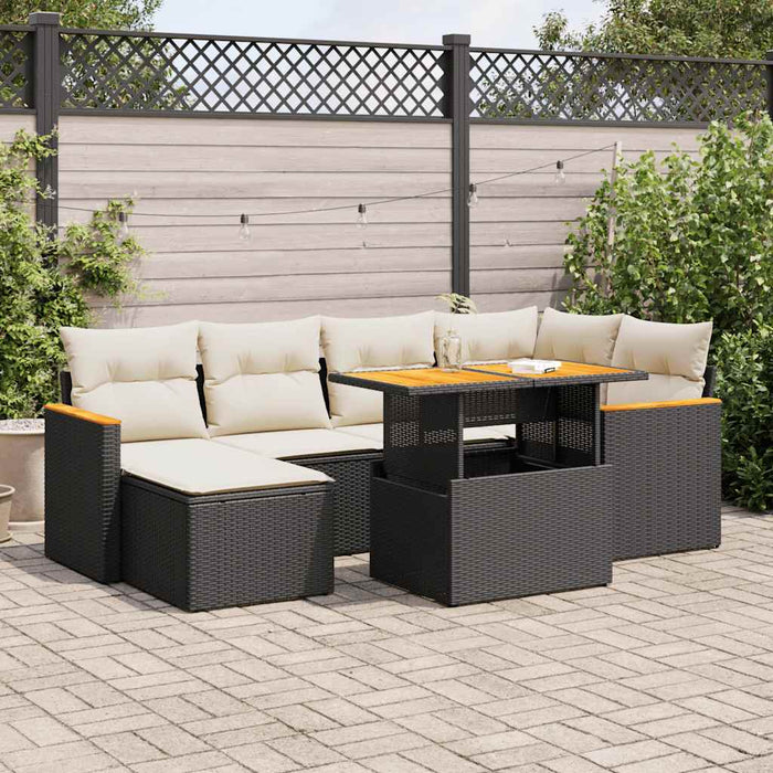 vidaXL 7 Piece Garden Sofa Set with Cushions Black Poly Rattan Acacia