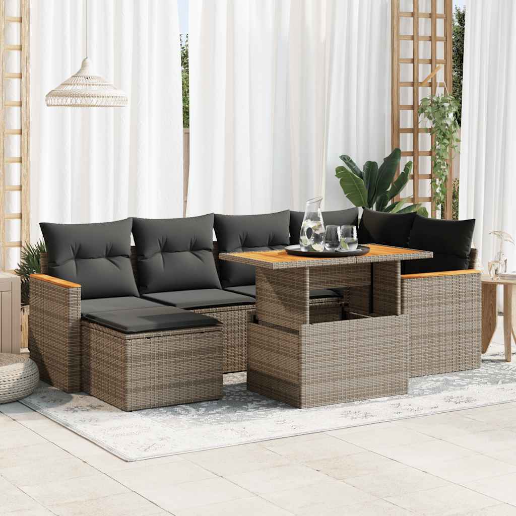 vidaXL 7 Piece Garden Sofa Set with Cushions Grey Poly Rattan Acacia