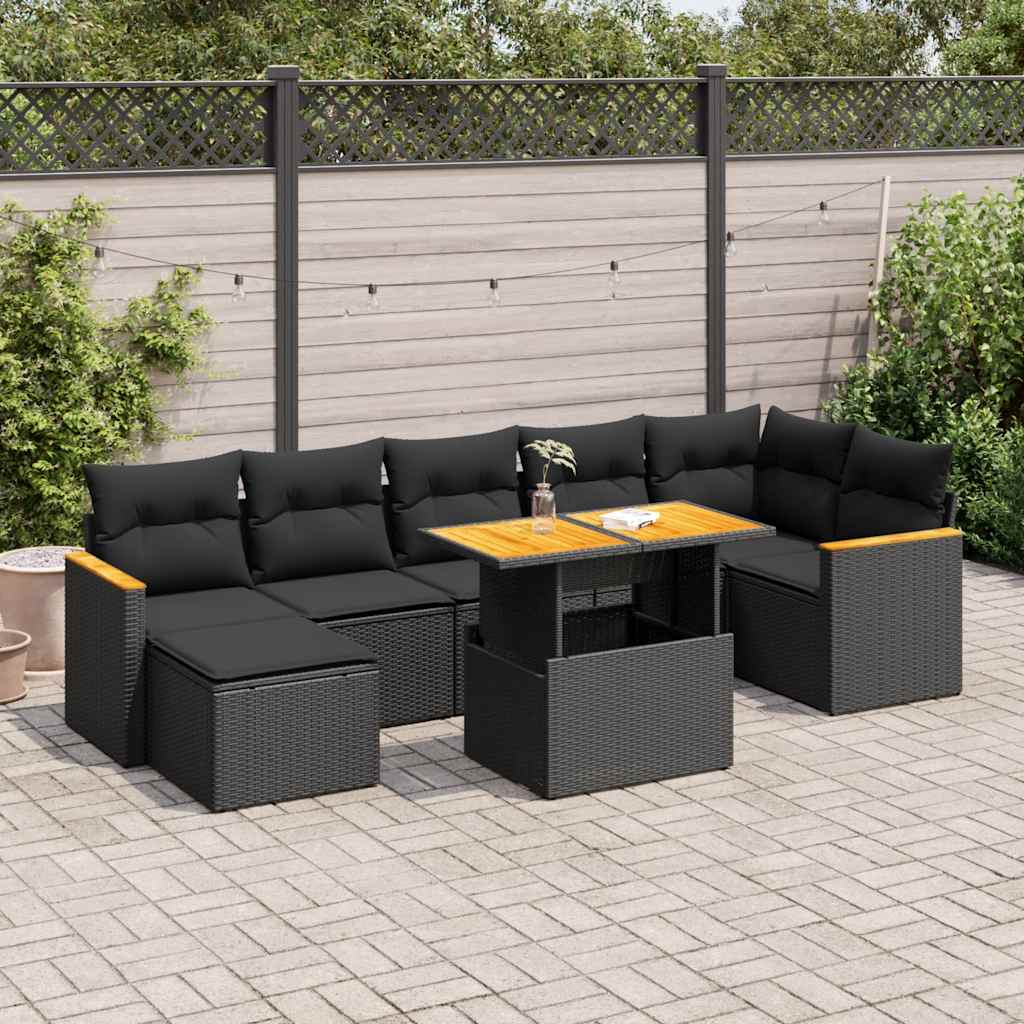 vidaXL 8 Piece Garden Sofa Set with Cushions Black Poly Rattan Acacia