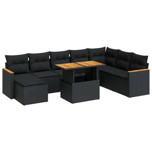 vidaXL 9 Piece Garden Sofa Set with Cushions Black Poly Rattan Acacia