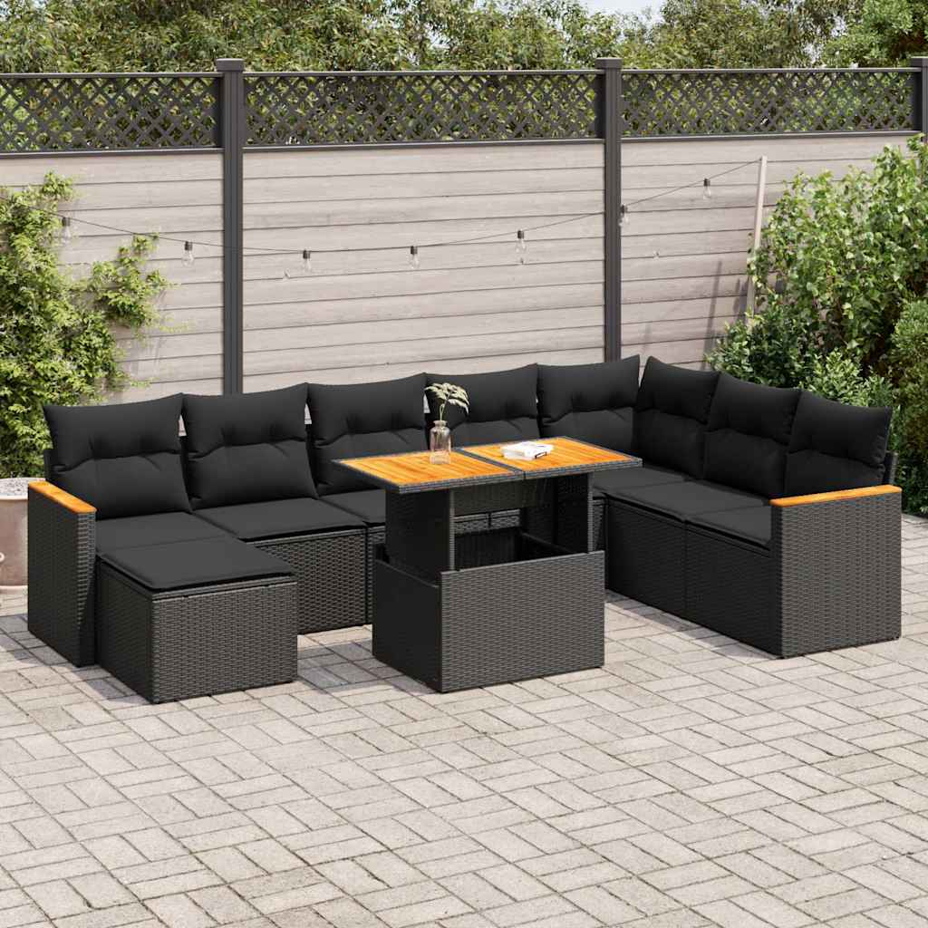 vidaXL 9 Piece Garden Sofa Set with Cushions Black Poly Rattan Acacia