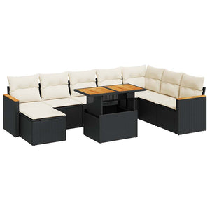 vidaXL 9 Piece Garden Sofa Set with Cushions Black Poly Rattan Acacia