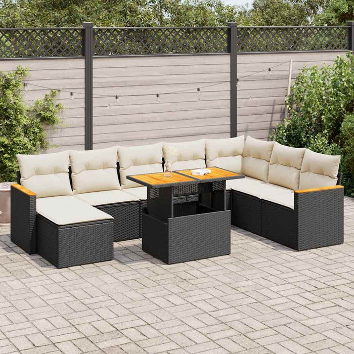 vidaXL 9 Piece Garden Sofa Set with Cushions Black Poly Rattan Acacia