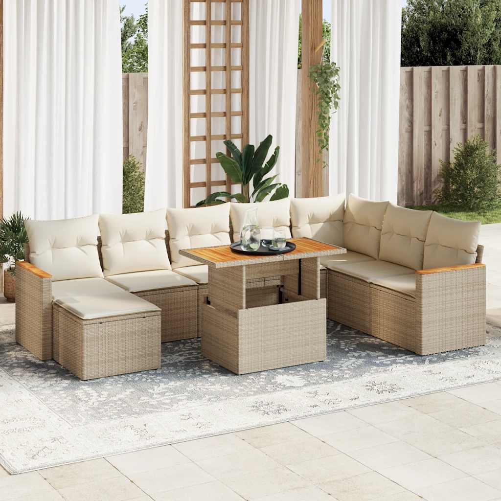 vidaXL 9 Piece Garden Sofa Set with Cushions Beige Poly Rattan Acacia