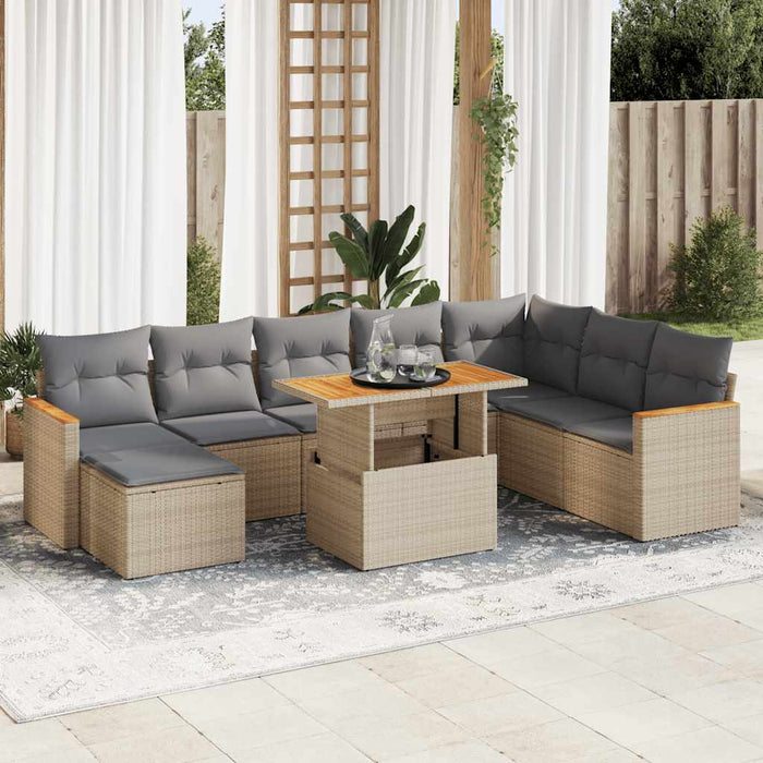 vidaXL 9 Piece Garden Sofa Set with Cushions Beige Poly Rattan Acacia