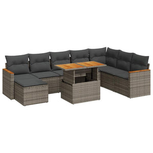 vidaXL 9 Piece Garden Sofa Set with Cushions Grey Poly Rattan Acacia