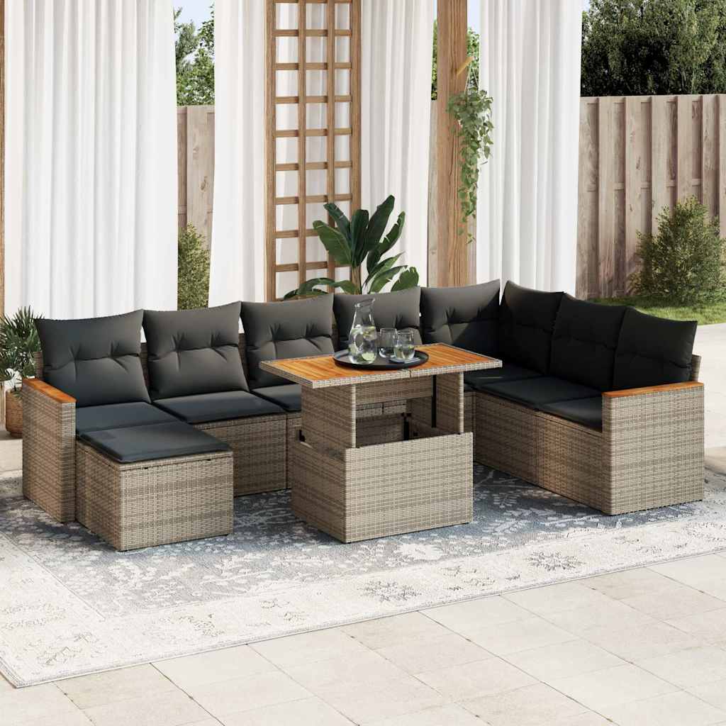 vidaXL 9 Piece Garden Sofa Set with Cushions Grey Poly Rattan Acacia