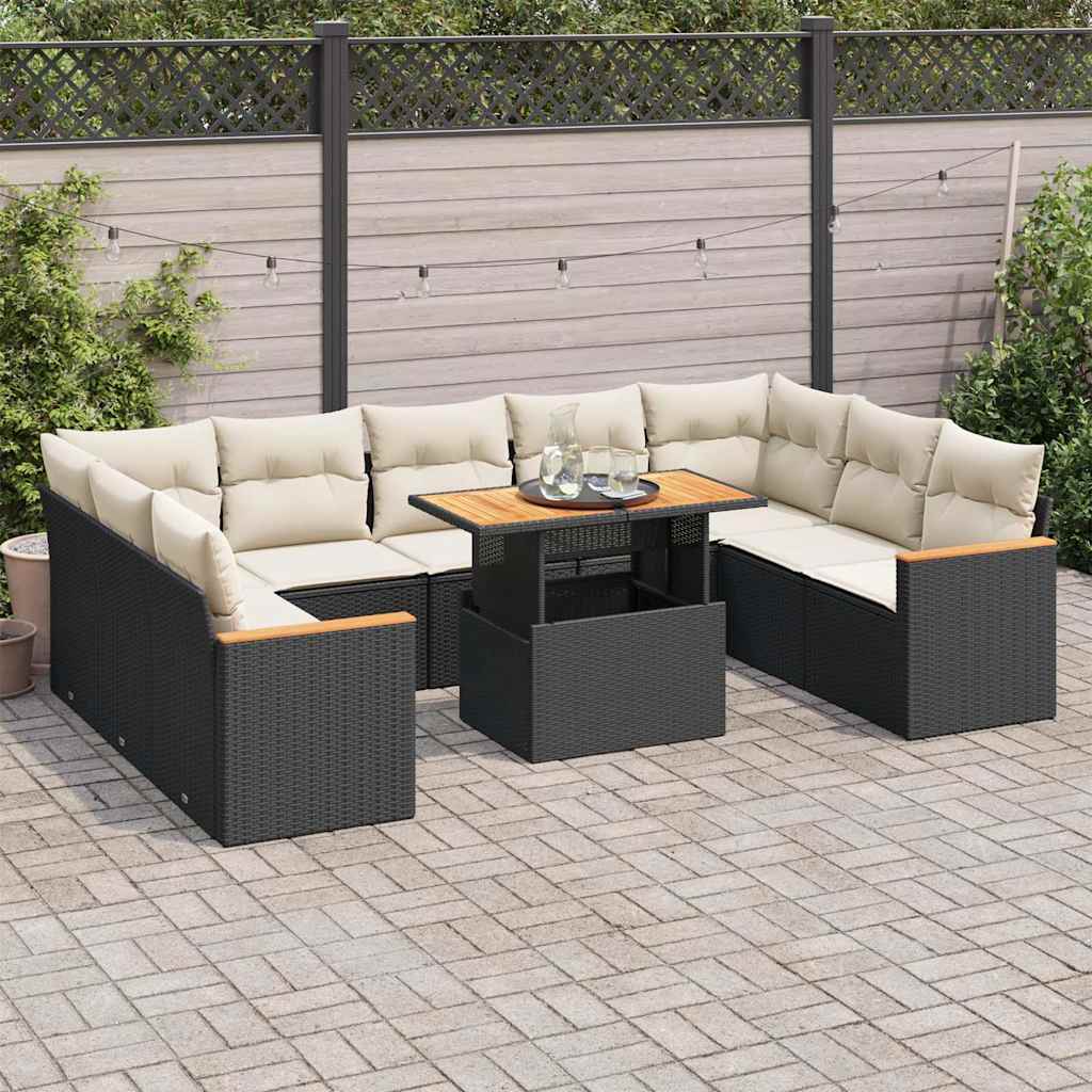 vidaXL 10 Piece Garden Sofa Set with Cushions Black Poly Rattan Acacia