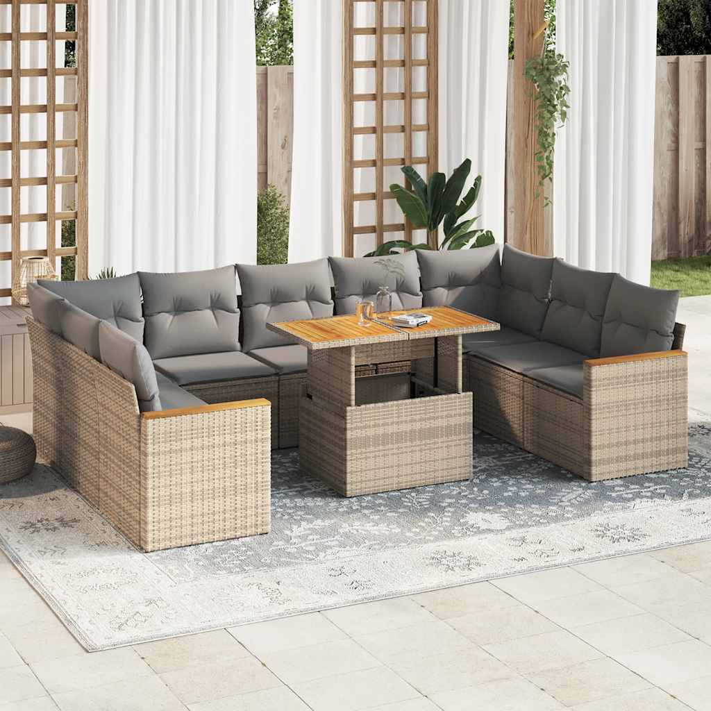 vidaXL 10 Piece Garden Sofa Set with Cushions Beige Poly Rattan Acacia