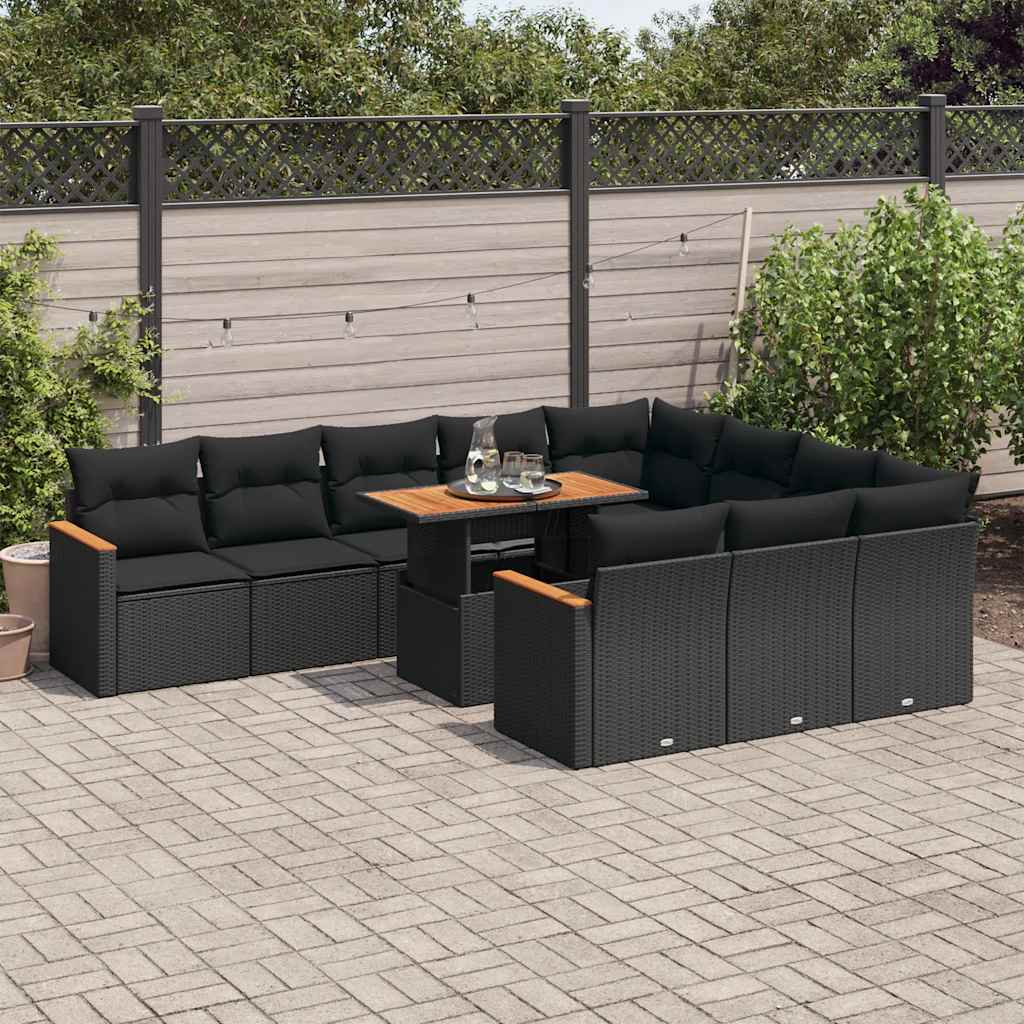 vidaXL 11 Piece Garden Sofa Set with Cushions Black Poly Rattan Acacia