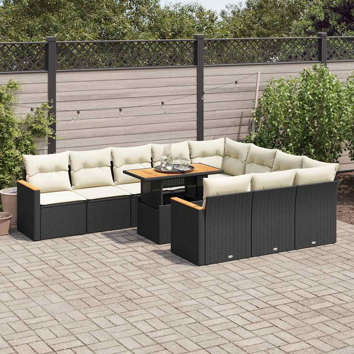 vidaXL 11 Piece Garden Sofa Set with Cushions Black Poly Rattan Acacia